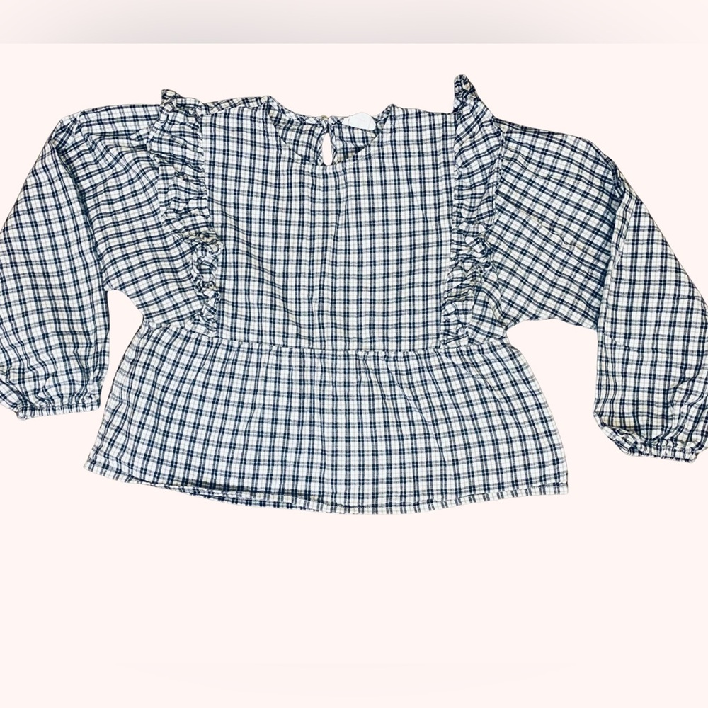 Crewcuts Black & White Plaid Blouse Girls' ruffle-shoulder flannel top sz large - Picture 3 of 10